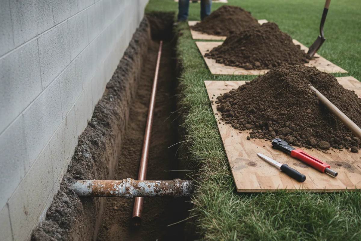 Excavated water line trench during Water Softener Installation in Corsica